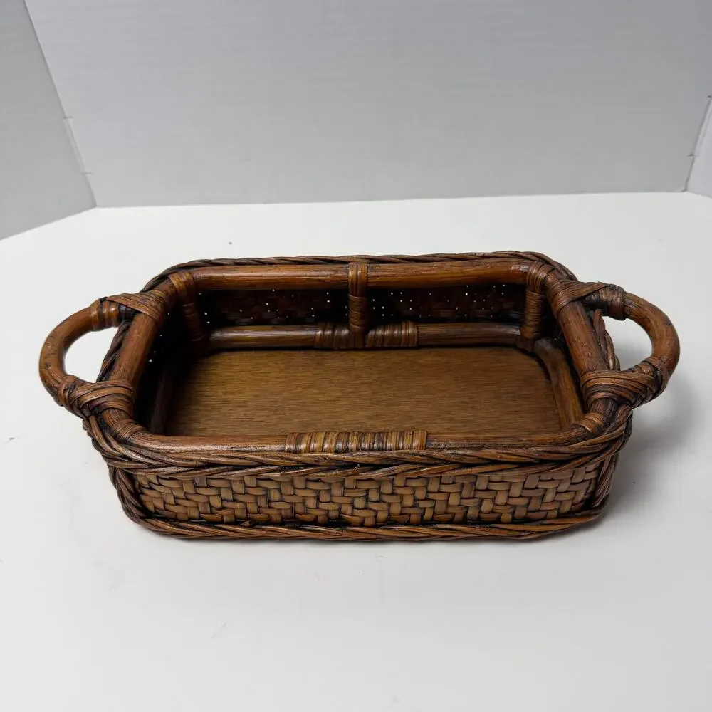 VTG Rattan Wrapped Wood Serving Tray Basket w Handles Boho 13x6 Sturdy Cottage
